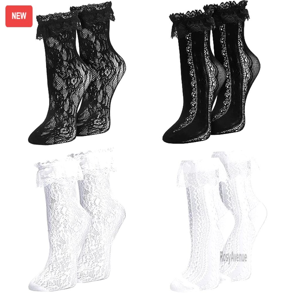 Lace Ruffle Ankle Socks with Mesh Trim, Cotton Blend